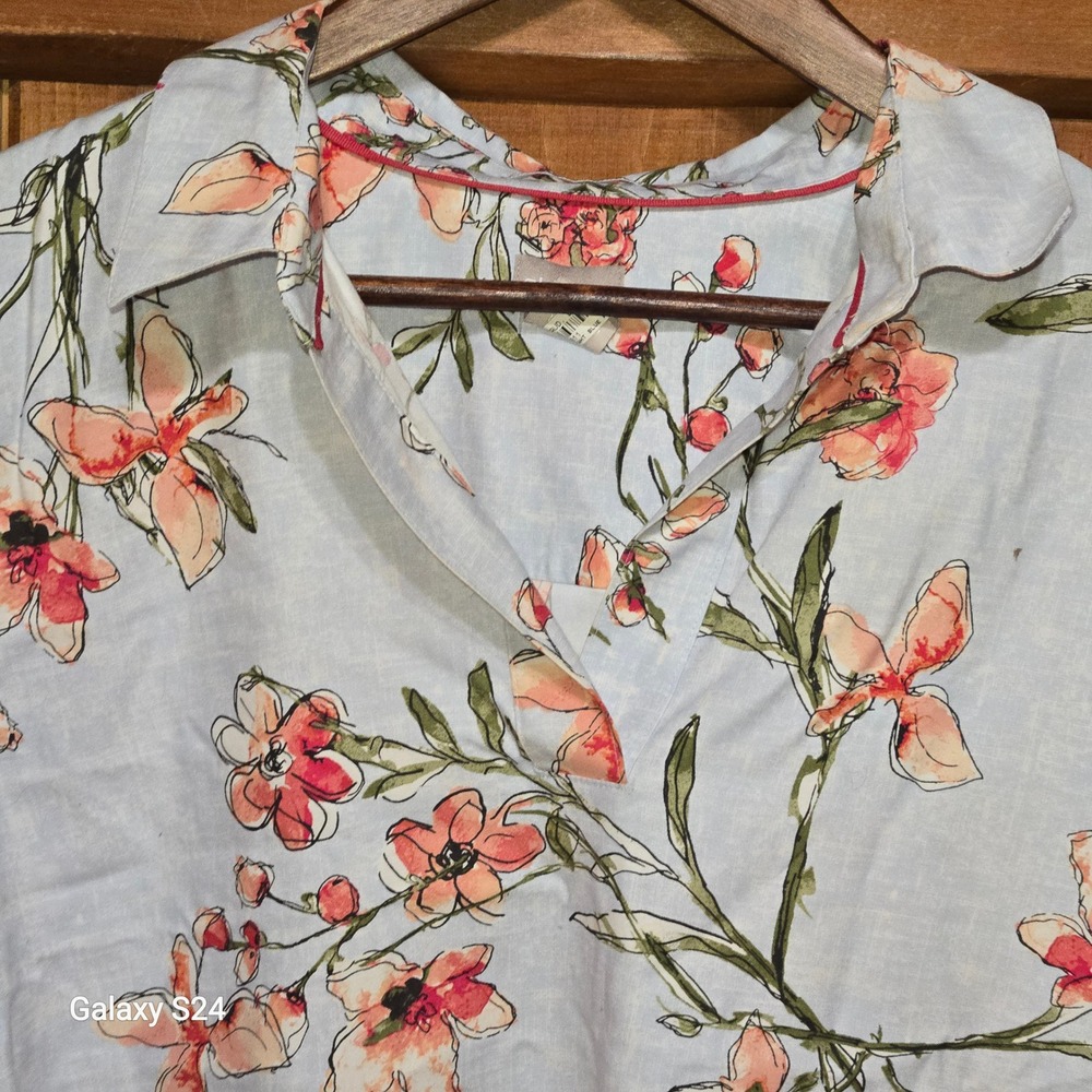Chicos Womens Floral Cotton Spandex Tunic Top Light Blue Coral Size 2 L 12 14‎